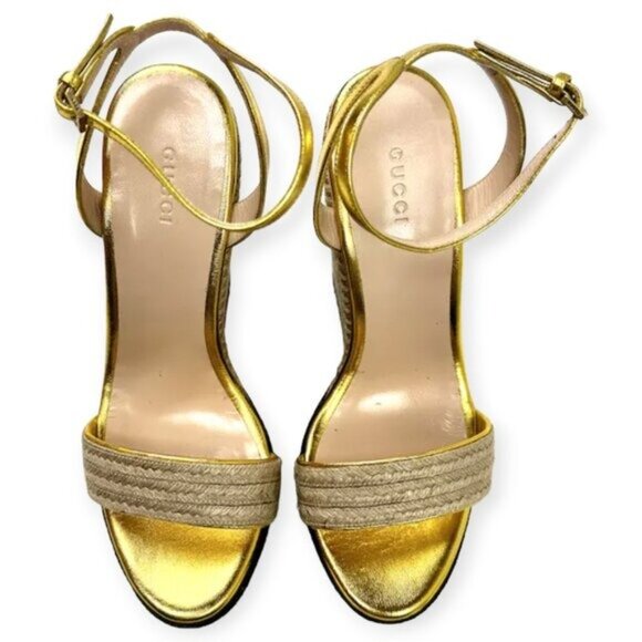 Gucci Gold Metallic Leather Jute Platform Espadrille Sandals - Picture 4 of 5